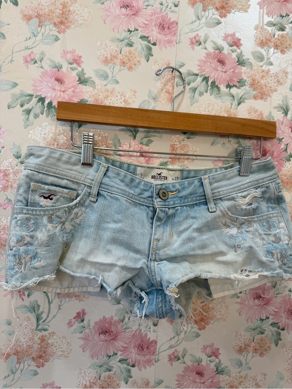Y2K Hollister Light Blue Distressed Denim Shorts with Floral Embroidery